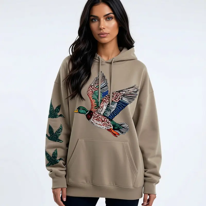 Mallard Duck Faux Sequin Glitter Bling Sweatshirt or Hoodie with Sleeve Prints Comfy Unisex Tops Oversized Cotton/Poly Blend Soft Fabric Pullover for Man Handmade Menswear