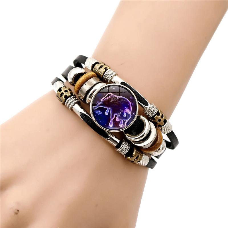Glow-in-the-Dark 12 Zodiac Signs Leather Bracelet for Women 6.9in/8.1in Fashion Jewelry, Gifts Accessory