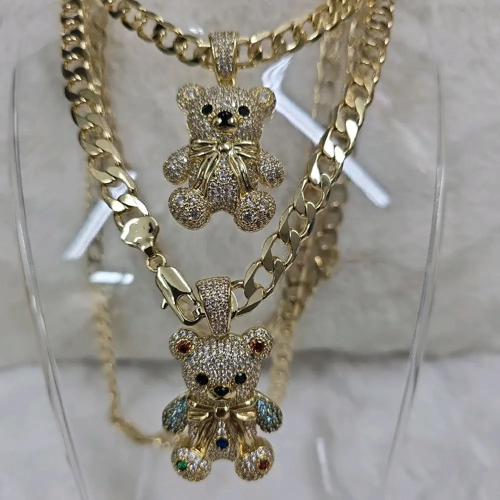 # 0195 Cadena Cubana 8mm with Bear Pendant Size 20" Gold Plated Hip Hop Jewelry for Men and Women