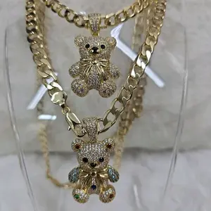 # 0195 Cadena Cubana 8mm with Bear Pendant Size 20" Gold Plated Hip Hop Jewelry for Men and Women