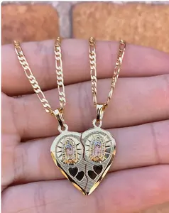 Broken Heart Virgen de Guadalupe Necklace for Womens Mens Religious Jewelry Figaro Chain 20"