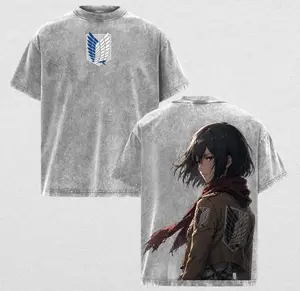 Attack on Titan Mikasa Ackerman Vintage Washed Graphic T-Shirt Oversized Anime Tee Premium Heavyweight Cotton Acid Wash Retro Streetwear Shirt for Men Women
