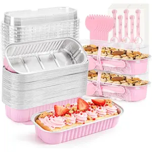 50 Pack Mini Loaf Pans with Lids Rectangle Individual Cake Pans Aluminum Foil Pans for Large Gatherings Picnics Vacations Parties Day Favors(Pink, 6.8 OZ)
