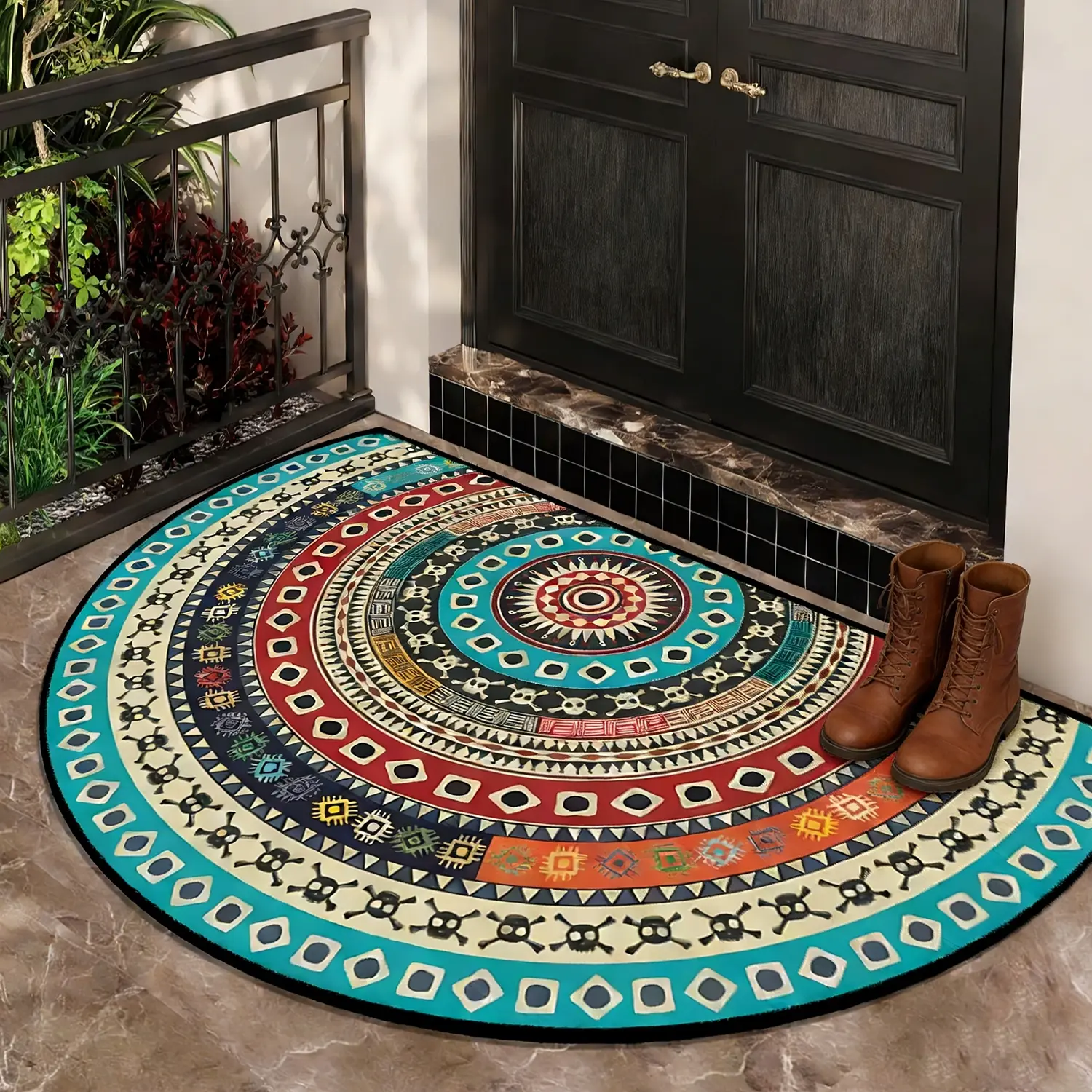 Bohemian Style Entrance Mat, Creative Geometric Design Half Round Rug, Soft Washable Carpet, Indoor Outdoor Welcome Mat, Boho Washable Rug, Home Decor Rugs, House Decor Rug