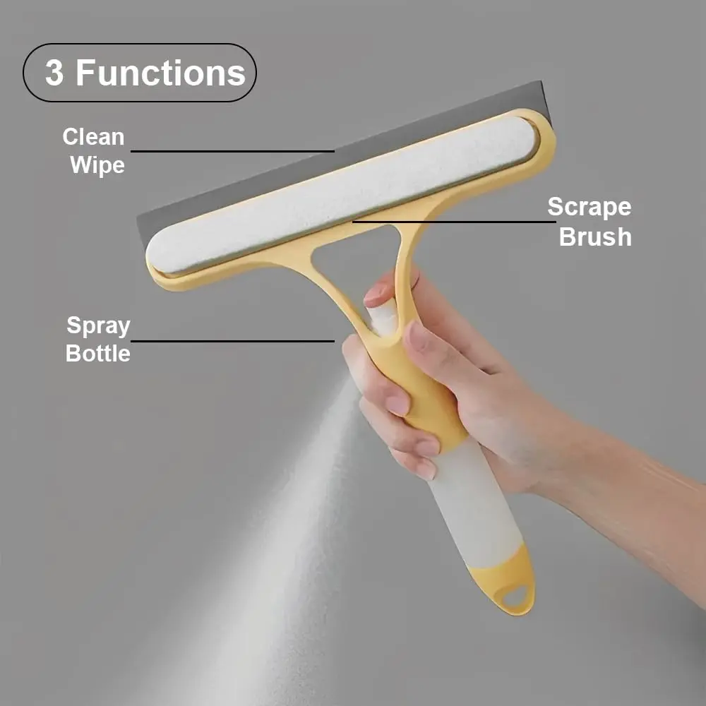 3-in-1 Glass Cleaner Scraper + squeegee + scrubber + spray in one design, easy to deal with home windows, mirrors and car windscreen cleaning! Efficient cleaning, one scrape and you're clean! brush cleaning tool