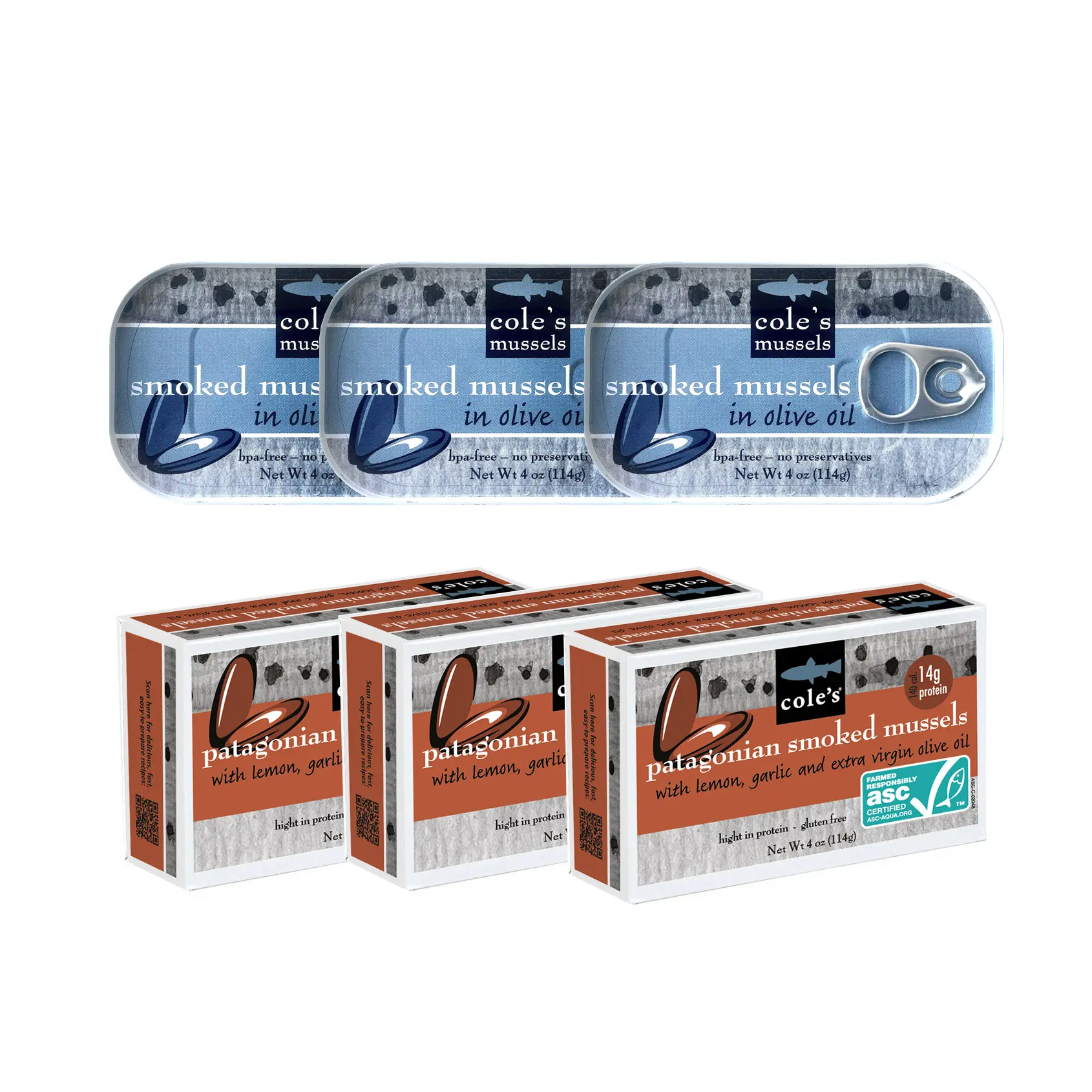 Cole’s Seafood Patagonian Smoked Mussels Variety Pack 6-Can with Lemon, Garlic & Extra Virgin Olive Oil for Gourmet Snacking Seafood Snack Bold Smoky Flavor, Protein-Rich & Ready-to-Eat