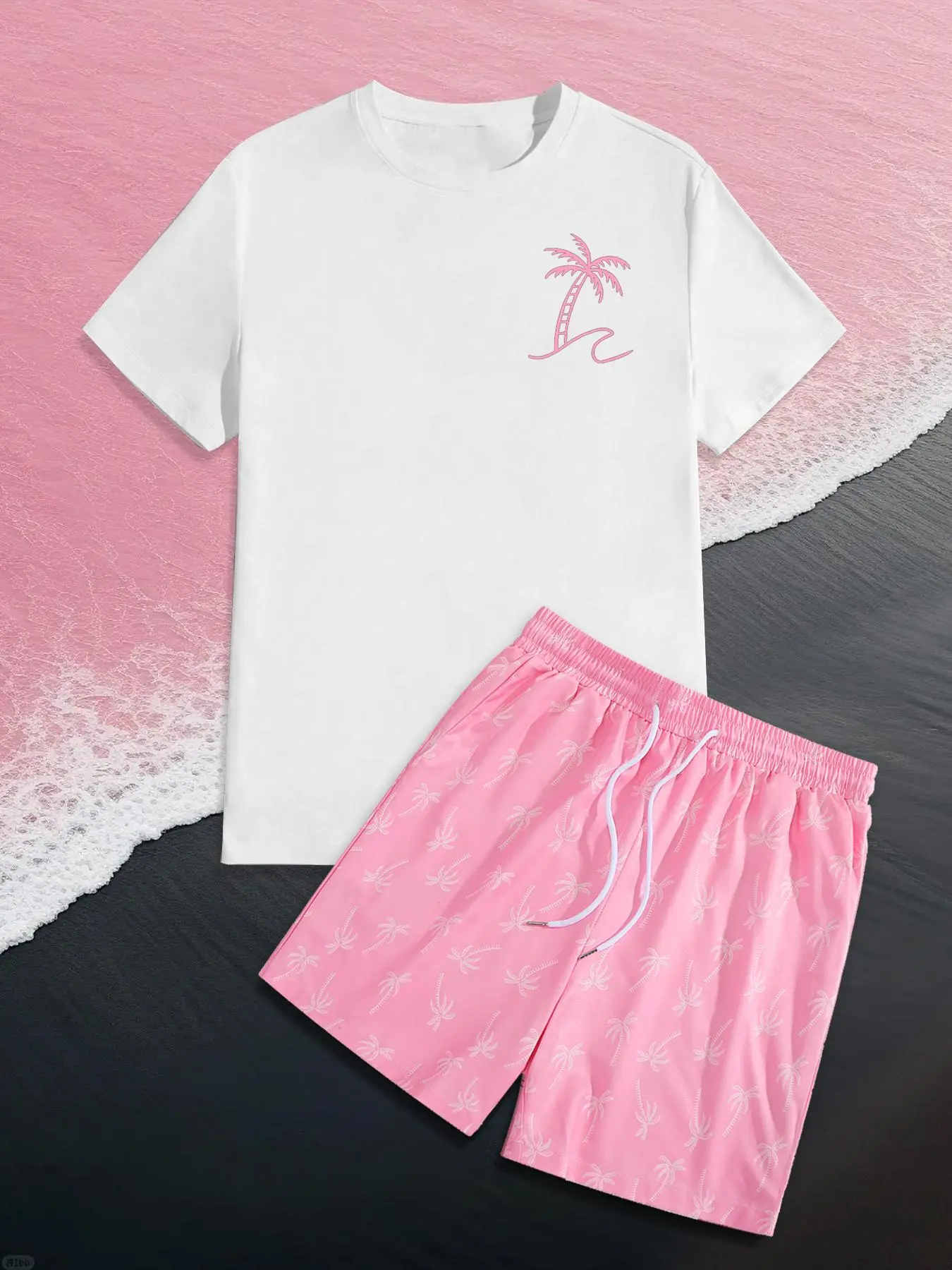 Men's Regular-Fit Tropical Palm Tree Print Round-Neck Tee and Drawstring-Waist Shorts Two-Piece Matching Set, Casual Short-Sleeve T-Shirt and Shorts Summer Resort Wear for Beach Vacation Outfit Sets