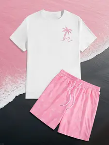 Two-Piece Set Men's Regular Fit Palm Tree Print Tee & Drawstring Waist Shorts Set, Casual Short Sleeve T-shirt & Shorts, Men's Summer Clothes for Beach Vacation