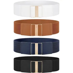 4 Pack Women Wide Elastic Waist Belt for Dress Vintage Stretch Cinch Belt Retro Buckle