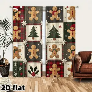 2D Flat 2Pcs Christmas Gingerbread Man Curtains Holiday Theme Rod Pocket Design Plaid Patchwork Pattern Semi Sheer Polyester Fabric Window Treatment for Living Room Bedroom Kitchen Home Decoration Festival Decor Privacy Protection