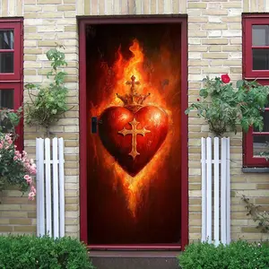 2 Sacred Heart Wall Sticker with Flaming Design and Golden Cross Crown Religious Home Decor Art Decal for Living Room Bedroom Church Door Decoration Removable Vinyl Mural Christian Faith Gift Idea