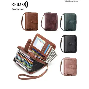 RFID Blocking Zipper Wallet, Large Capacity Accordion Card Holder with Wrist Strap for Men & Women