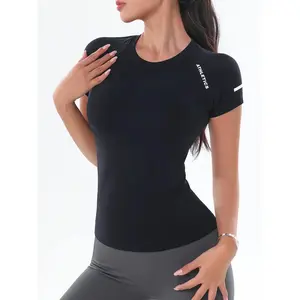 Women's Letter Print Raglan Sleeve Sports Tee, Round Neck Short Sleeve T-Shirt, Ladies Sportswear for Yoga Gym Workout, Gym Outfit Tee