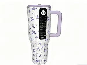 Hydrojug Style 40oz Insulated Tumbler with Lavender Handle & Straw Lid - Dainty Purple Floral Print Stainless Steel Cup, Keeps Drinks Cold 24+ Hours, Cupholder Friendly, BPA-Free for Travel & Daily Use