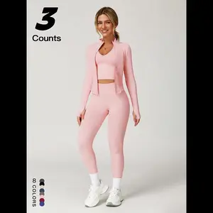 Women's Top & Leggings & Open Front Outerwear Three-piece Outfits for Yoga Gym Workout Running, Ladies Clothes for All Seasons