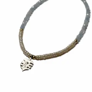 Mini Monstera, Silver Necklace with Aquamarine and Fresh water seed Pearls