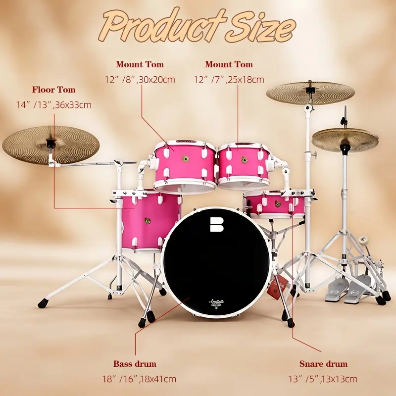 Beatello 518 Silent Drum Set with Quick Switch Normal & Mute Mode, Solid Wood Shell Heavy Duty Alloy Hardware Complete Kit, 5 Colors Available Pink/Blue Wood Grain/Yellow, Full Size Acoustic Drum Kit for Beginner Drummers Home Practice