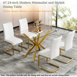 47.24" Rectangular Dining Table, Clear Tempered Glass Table with Gold Metal Legs, Modern Kitchen Table Easy to Clean, Sturdy Breakfast Table for Dining Room