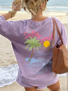 1 Piece Women's Casual Loose Beach Graphic Tee, Salty Soul Print, Soft Top, For Women Beach Vacation and Summer Outfits
