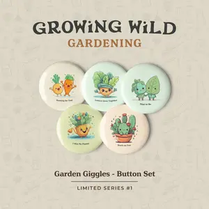 Limited Series Garden Giggles Button Set - Series #1, Set of 5, Tinplate, UV-Resistant Coating, Collar Clips & Brooches
