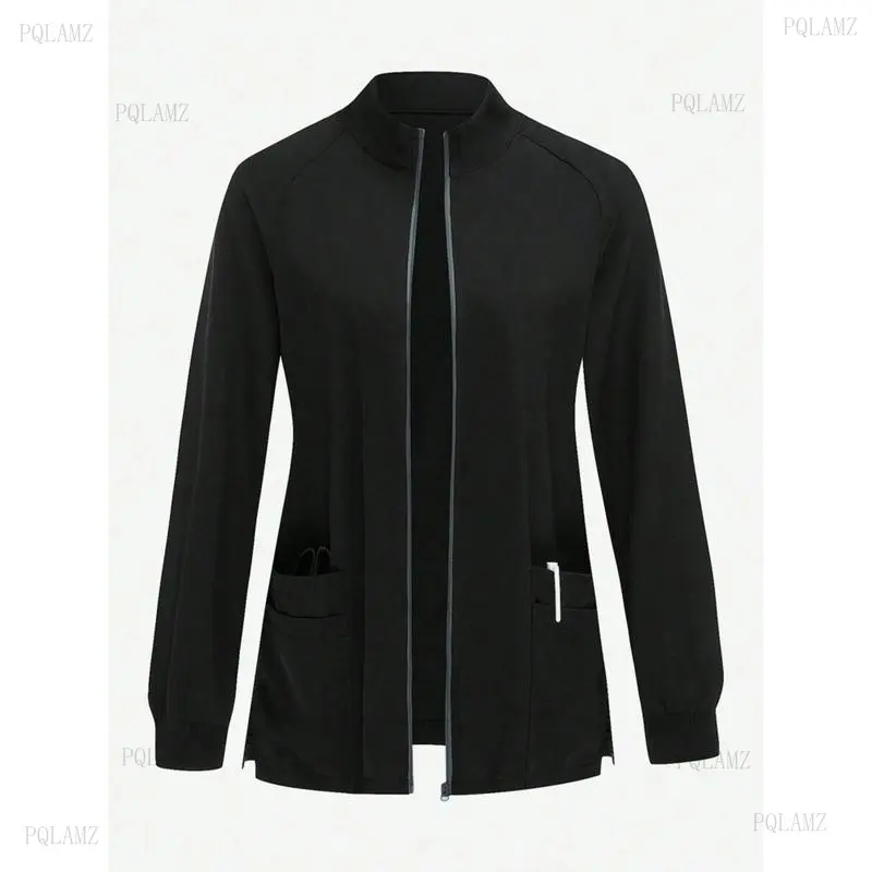 2026Solid Color Zipper Pocket Long Sleeve Uniform Jacket Long Sleeve Pocket Front Zip Up Fitted Jacket Set Scrub Set Nurse Dresses Scrub Tops Scrub Bottoms Lab Coats Scrub Outwear