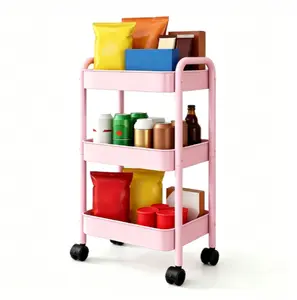 3-Tier Rolling Utility Cart with Wheels, Pink Metal Storage Organizer Trolley for Kitchen, Bathroom, Laundry Room, Office, Pantry & Craft Supplies, Space-Saving Mobile Snack and Drink Cart