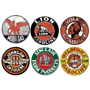 6 Pcs Classic Gasoline & Farm Products Round Retro Metal Signs, Vintage Themed Wall Decor for Home Garage Workshop, Waterproof Decorative Tin Signs