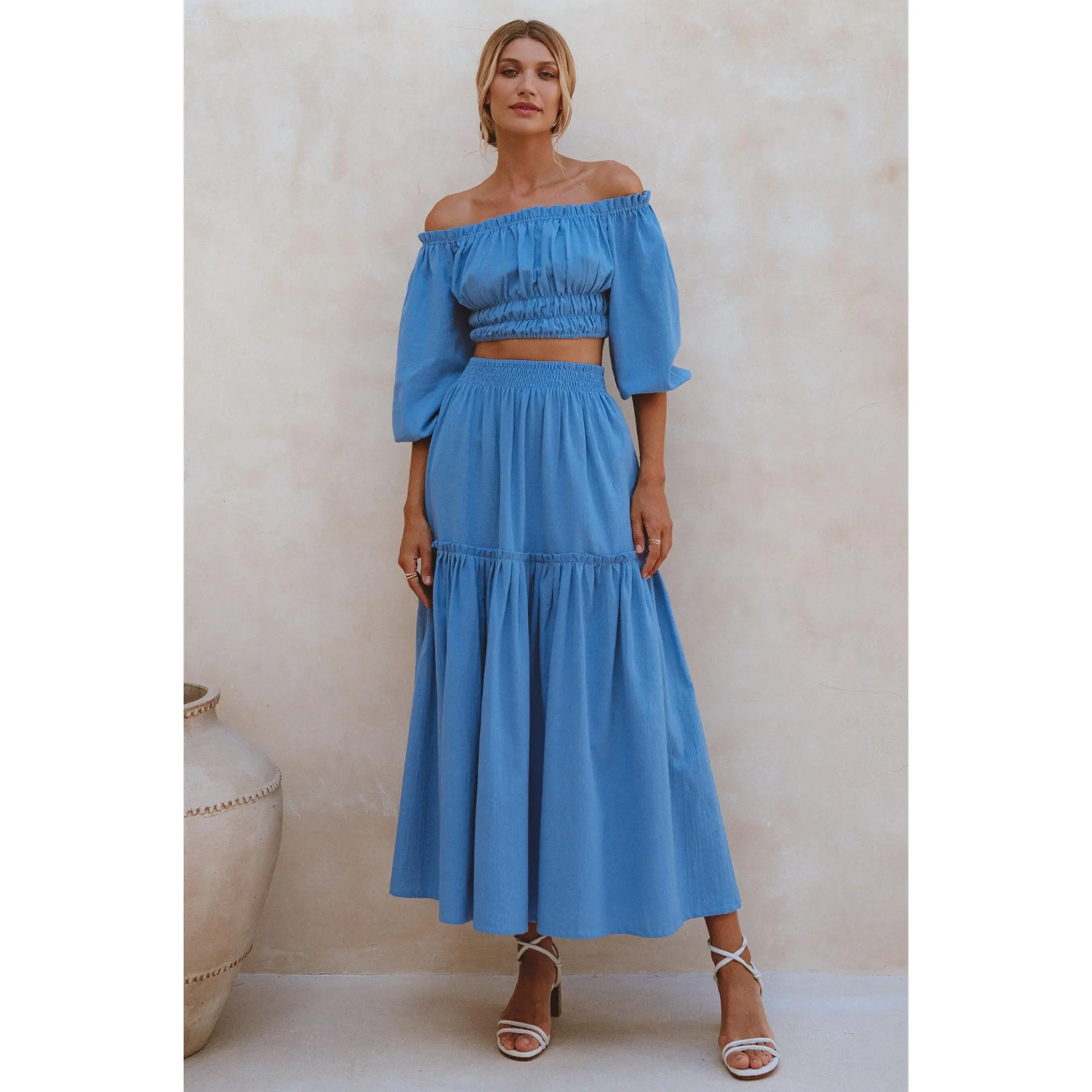 Annabelle Boho Linen Maxi Skirt - Azure