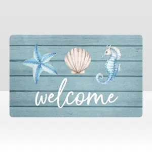 Beach Welcome Mat for Front Door, Beach Door Mat, Starfish Seashell Seahorse Beachy Door Mats Indoor Outdoor Entrance Porch, Ocean Beachy Baths Mats for Bathroom