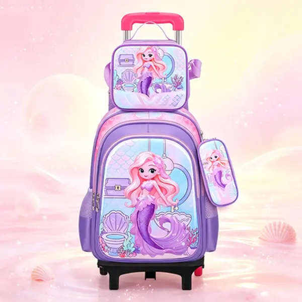 Cartoon-Print 3-Piece Rolling Backpack Set - School & Everyday Trolley Daypack with Lunch Bag, Pencil Case, Cute Mermaid & Pony Prints
