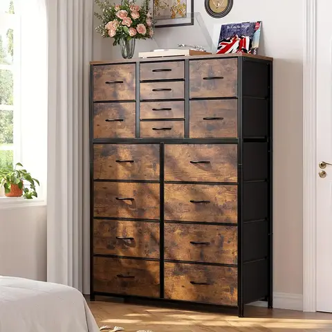 Raybee Furniture Tall 16-Drawer Fabric Storage Dresser Cabinet - Wood Top, Metal Frame, Double X Stability, Sliding Door, Waterproof, Drawer Organizer Cabinet, Holds Hats & Long Sleeves, Modern Dressers, for Bedroom, Closet