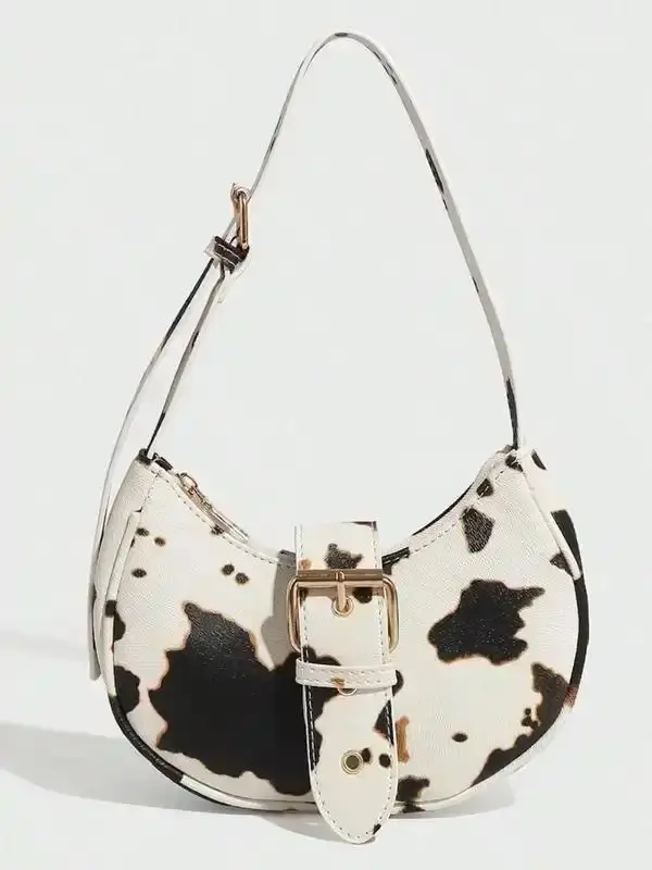 Fashionable Cow Print Shoulder Bag, Casual Versatile Underarm Bag for Women, Trendy All-match Y2K Commuter White Bag for Daily Used Bucket Bag Canvas Suede Ladies Purse Crossbody Bag Travel All Match Lunch Bag
