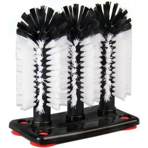 Water Bottle Cleaning Brush Glass Cup Washer with Suction Base 3 Head Bristle Brush for Beer Cup, Long Leg Cup, Red Wine Glass & More Bar Kitchen Sink Home Tools