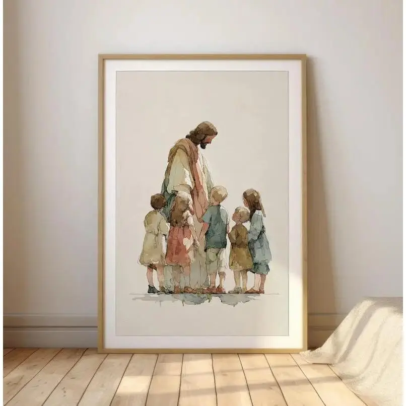 Glossy Jesus with Children Watercolor Print - Christian Nursery Wall Art, Bible Story Decoration, Kids' Printable Poster, Thoughtful Christian Gifts
