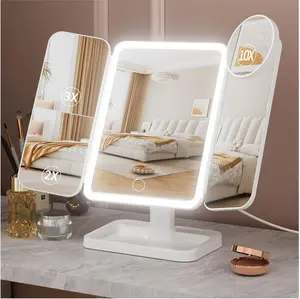 Lighted Makeup Mirror with 3X Magnification, 3 Color Lights & Touch Sensor - Rechargeable Trifold Vanity Mirror for Travel, Desk, Home Use