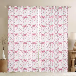Pink Bow Blackout Curtains,Cute Ribbon Bowknot Curtains,Kawaii Watercolor Bow Tie Window Curtains,Pink White Bow Window Treatments