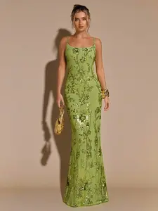 Spring/Summer Solid Green 3D Floral Embroidered Sequin Sheer Backless Tie Strap Maxi Dress, Vacation Dress, Valentine's Day Date Dress, Bridesmaid Mini Dress, Birthday Sequin Gown, Backless Maxi Dress, Suitable For Party, Nightclub, Formal Occasion Sequin