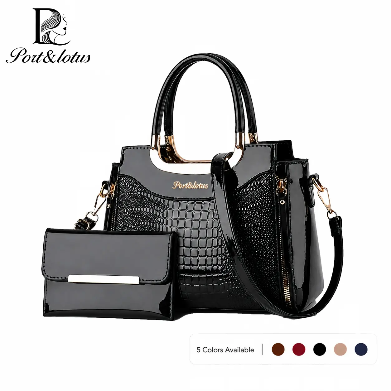 PORT&LOTUS Elegant 2-Piece Commuter Handbags for Women Set, Stylish Crossbody Bag for Women with Matching wallets, Crocodile Texture & Adjustable Strap, Unique Bags, Fashionable Bags for Daily Use