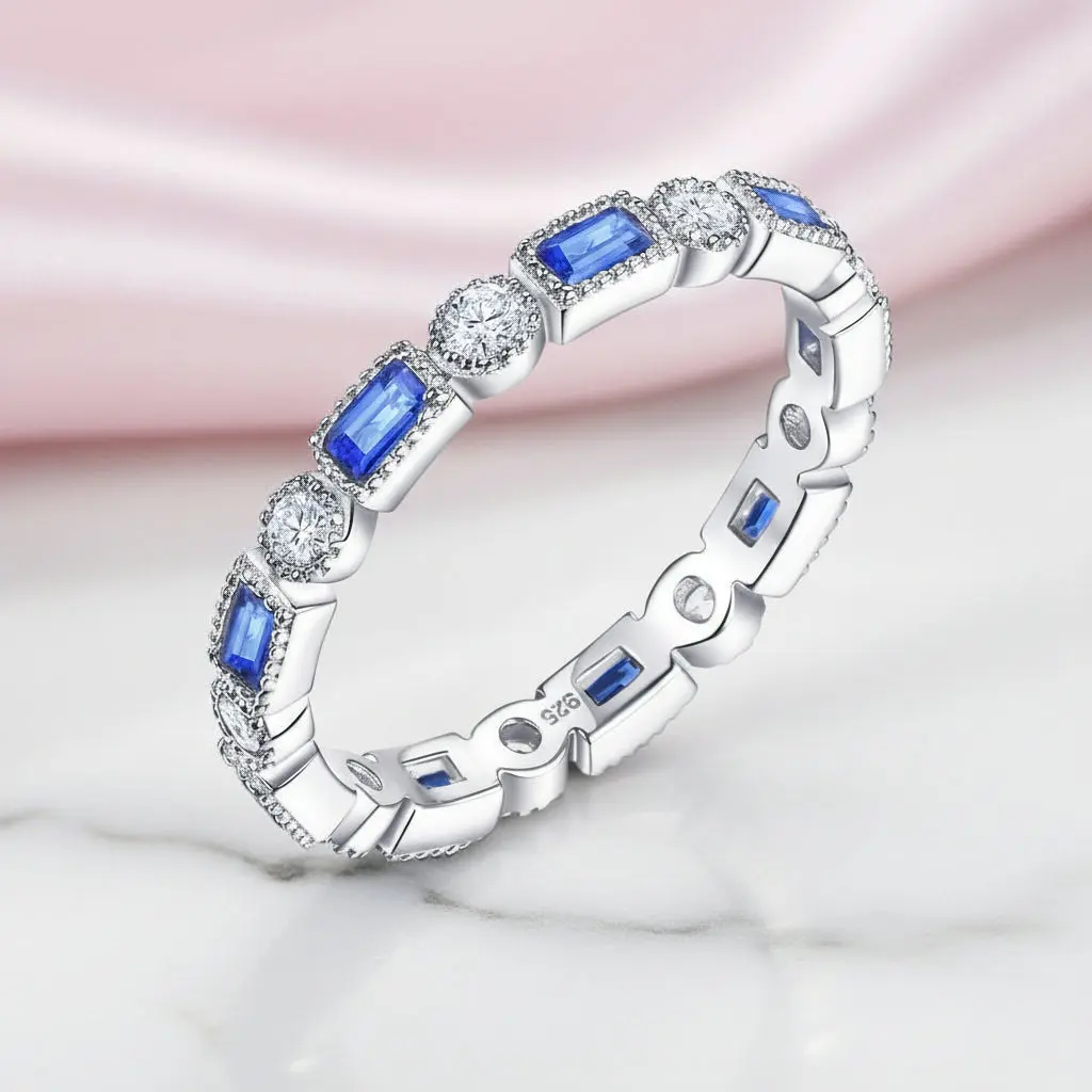 Blue Emerald Eternity Ring Band