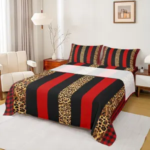 Leopard Skin Sheet Set,Brown Cheetah Print Bed Sheet Set,4pcs with Deep Pocket Fitted Sheet + Flat Sheet +,Red Black Plaid Stripe Print Bedding Set for Kids Boy Girls