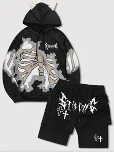 Men's Skeleton Print Hoodie & Shorts Two-Piece Set, Loose Casual Fashion Cozy Breathable Two Piece Outfits for Daily Outdoor Wear, Men Clothes for All Seasons