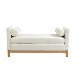 54.3 Inch Wide Elegant Upholstered Bench Ottoman with Wood Legs and Two Bolster Pillows for End of Bed, Bedroom, Living Room, Entryway, Ivory Color, Versatile Home Furniture for Seating and Decor, Home Furniture and Household Product Search