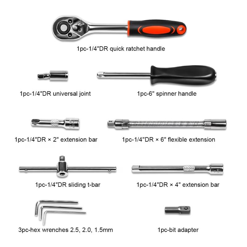 46-piece heavy-duty 1/4-inch quick-release ratchet socket wrench set, including screwdriver components and extension rod - comes with ratchet storage box - sturdy and durable, suitable for professional technicians and - compatible with vehicles