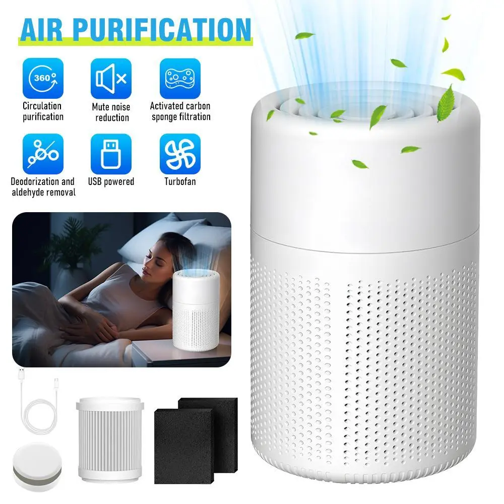 【BackToSchool】USB Powered 20dB Quiet HEPA Air Purifier – Air Filter Eliminator for Bedroom, Desktop, Office & Living Room in Home