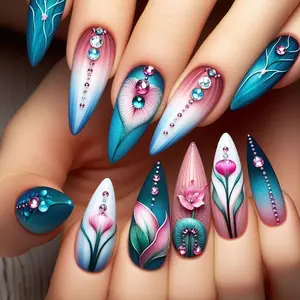 24PCS Blue Gradient Lotus Nail Art, Traditional Style Detachable False Nails, Medium Length, Glossy Finish