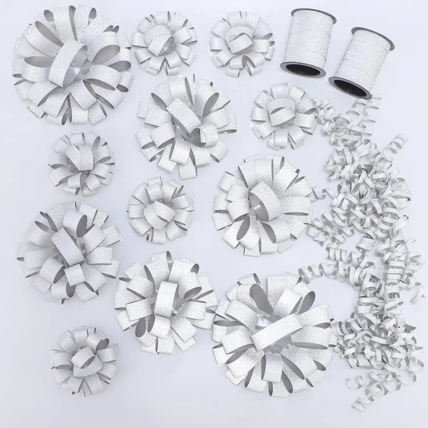 16 count  Bows Assortment - 4 Size  Bowsand 2 Crimped Curling Ribbons,  for Christmas, Holiday,Birthdays, Weddings, /Bridal Showers, Party ()