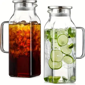2 Pack 68oz Square Glass Pitcher with Lid And Handle for Fridge, Iced Tea And Coffee Carafe Beverage Serveware, Heat Resistant Borosilicate Water Jug for Hot/Cold Drinks And Milk, 304 Stainless Steel Lid