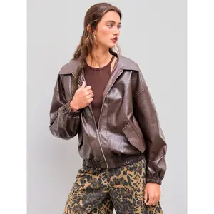 Cider [size 2-10] Faux Leather Collar Solid Pocket Oversized Biker Jacket