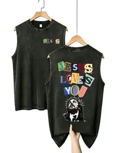 Men's Soft Unisex Jesus Loves You Graphic Tank Top - Black Sleeveless Streetwear Tshirt, Vintage Retro Vibe, Colorful Lettering, Jesus Image Design, Menswear Spring Apparel Album Grunge good tees shirts world