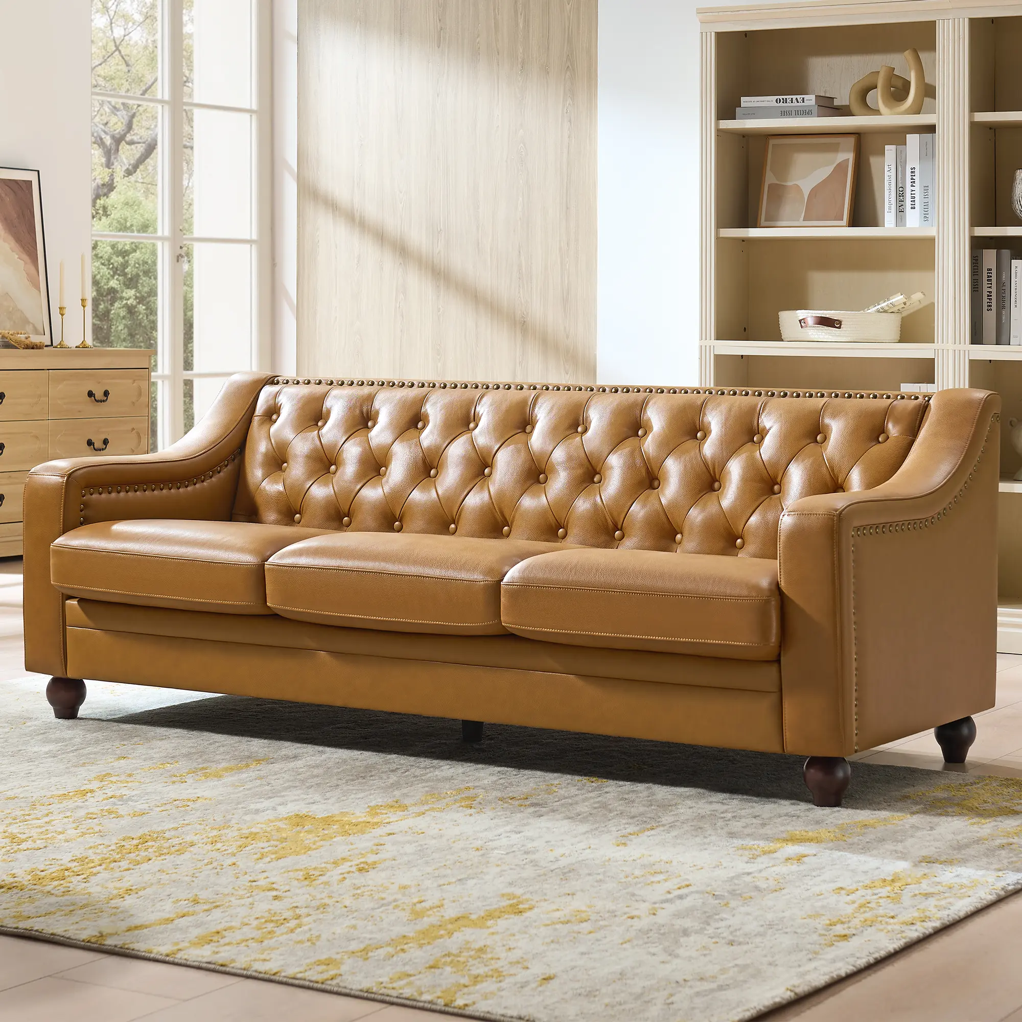AMERLIFE 80" Leather Sofa, Modern Chesterfield Genuine Leather Sofa, Tufted 3 Seater Leather Couch with Curved Arms, Leather Couches for Living Room